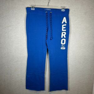 Aeropostale Sweatpants Women Large Blue Spell Out Logo Fleece Athleisure Casual